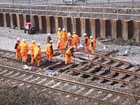 A view from the Manchester Road bridge of the track work at Castleton East Junction on 31st March 2013.  Photo R S Greenwood